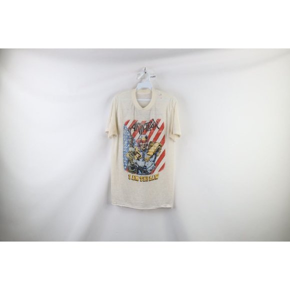 Vintage 80s SThrashed Thin Anthrax Among the Living I Am the Law Band T-Shirt